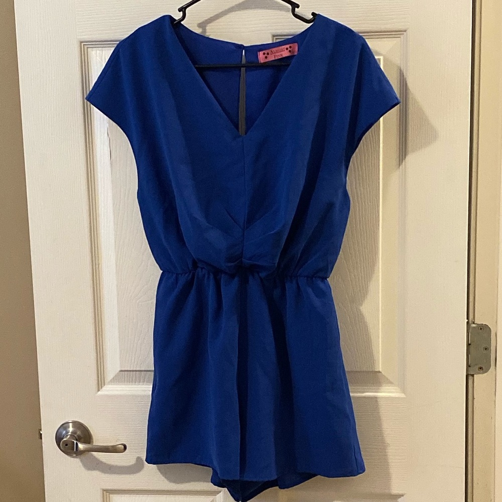 Almost Pink Royal Blue Open Back Romper